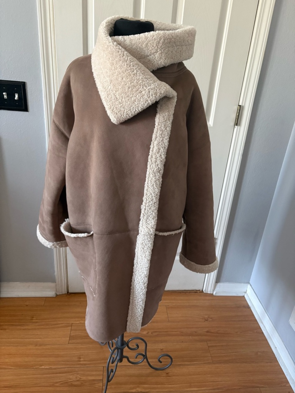 EDC Taupe Faux Shearling-Trim Trench Coat Sz Medium